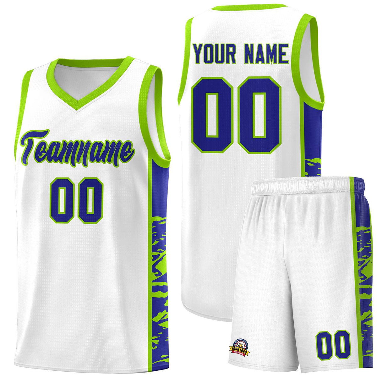 Custom White Neon Green Side Gradient Pattern Basketball Kits
