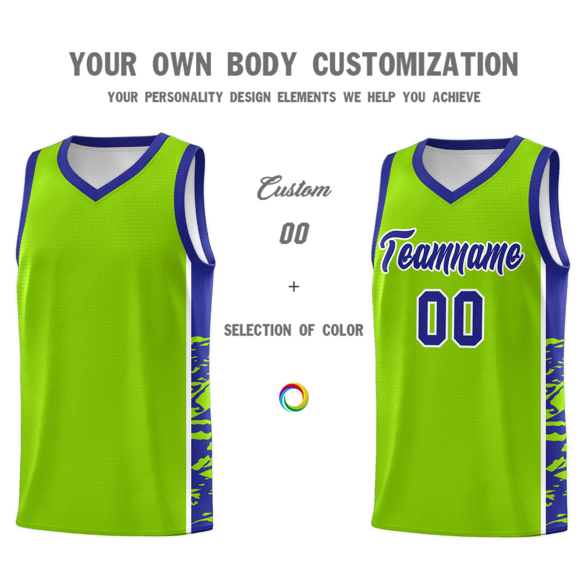 Custom Neon Green Royal Side Gradient Pattern Basketball Kits