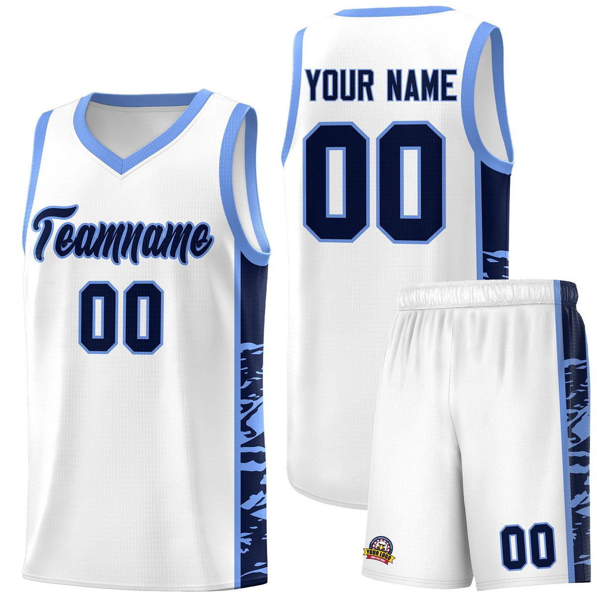 Custom White Light Blue Side Gradient Pattern Basketball Kits