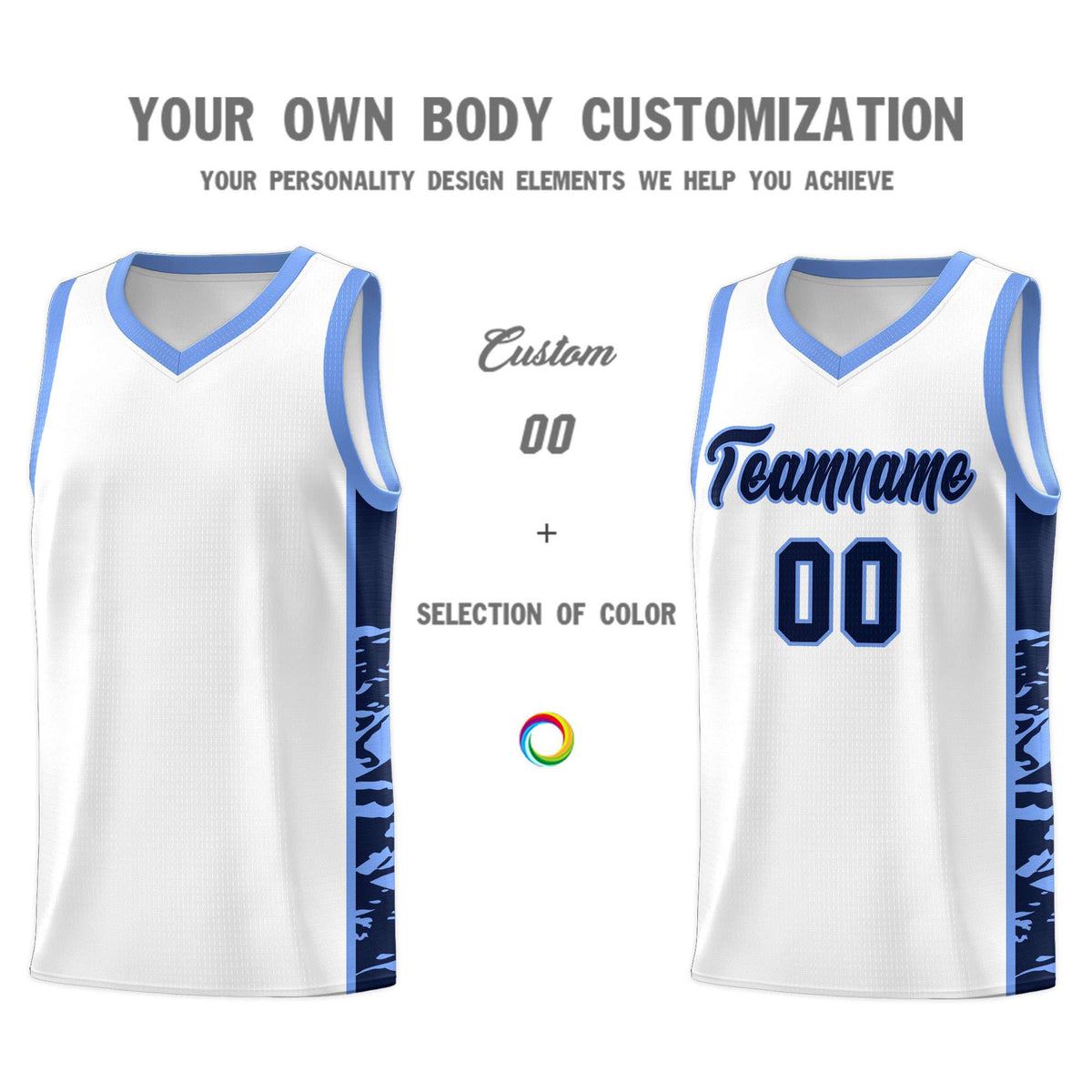 Custom White Light Blue Side Gradient Pattern Basketball Kits