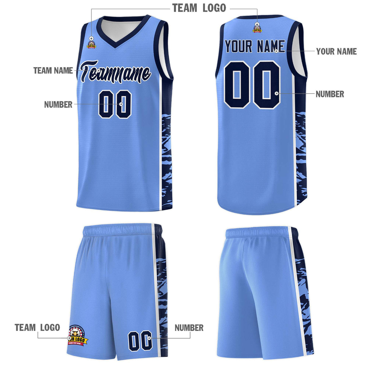 Custom Light Blue Navy Side Gradient Pattern Basketball Kits