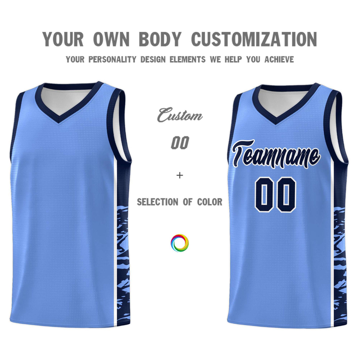 Custom Light Blue Navy Side Gradient Pattern Basketball Kits