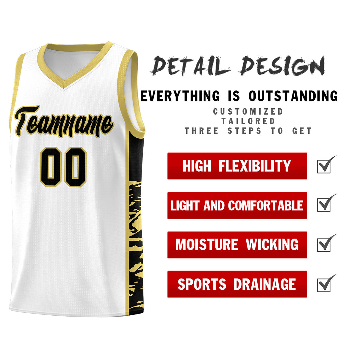 Custom White Old Gold Side Gradient Pattern Basketball Kits