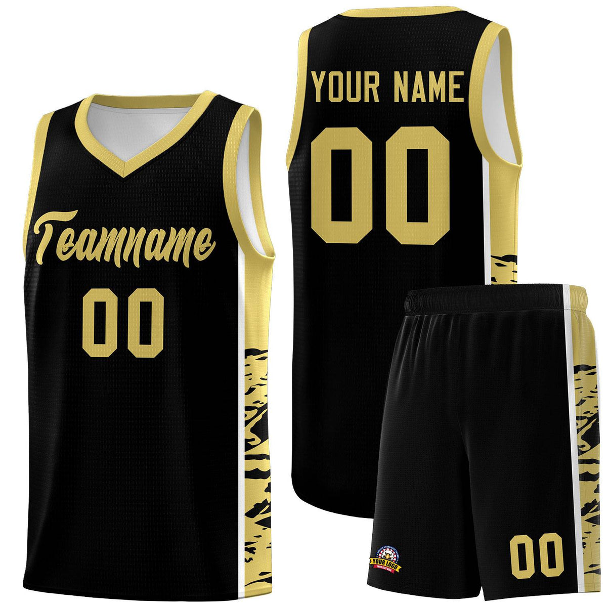 Custom Black Old Gold Side Gradient Pattern Basketball Kits
