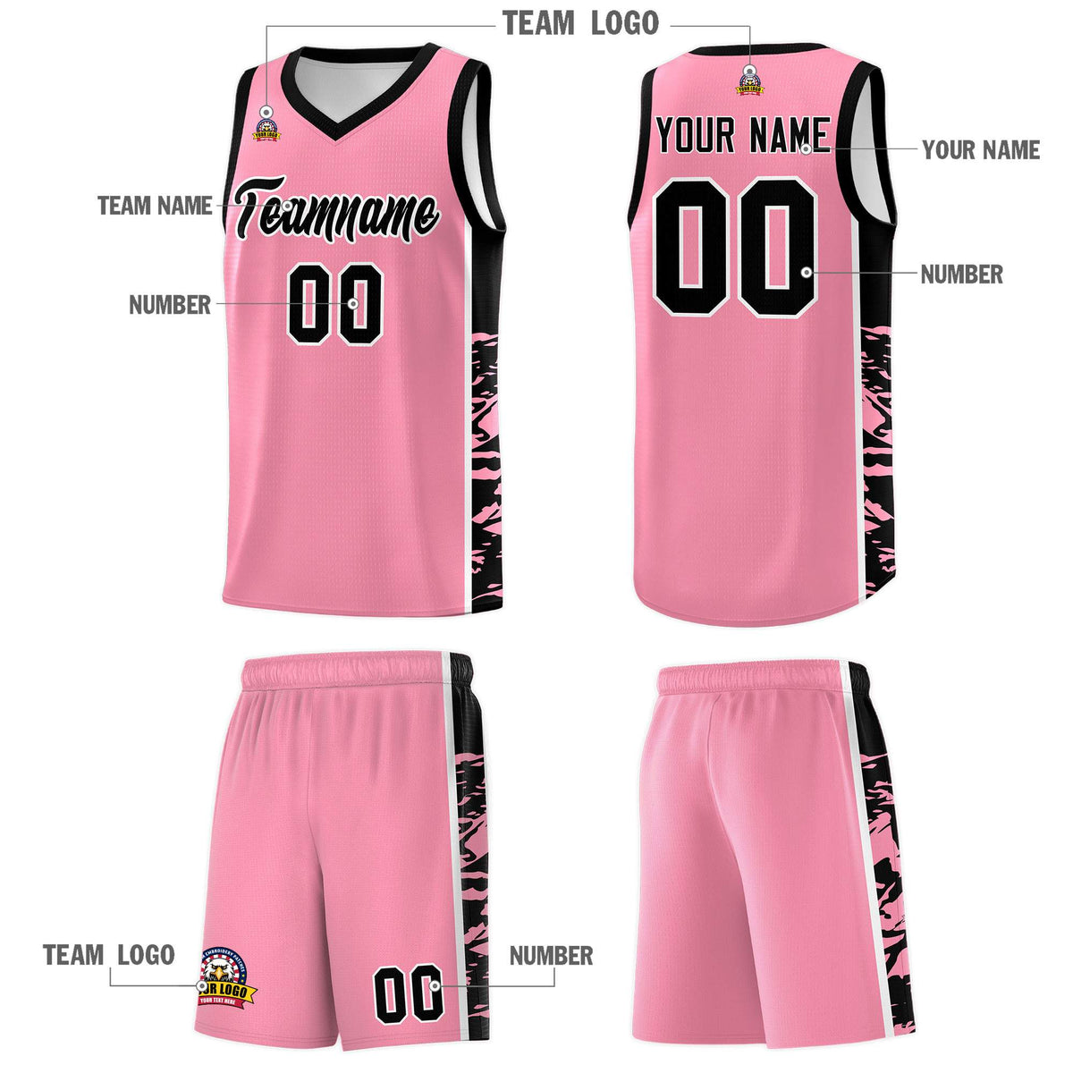 Custom Light Pink Black Side Gradient Pattern Basketball Kits