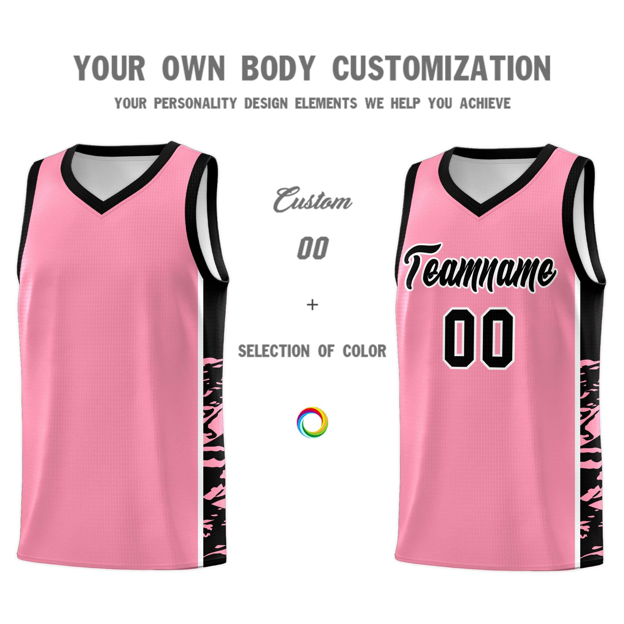 Custom Light Pink Black Side Gradient Pattern Basketball Kits