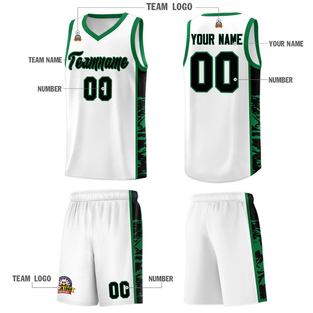 Custom White Kelly Green Side Gradient Pattern Basketball Kits