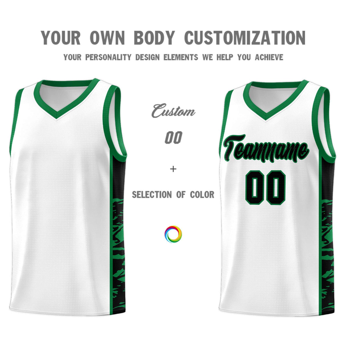 Custom White Kelly Green Side Gradient Pattern Basketball Kits