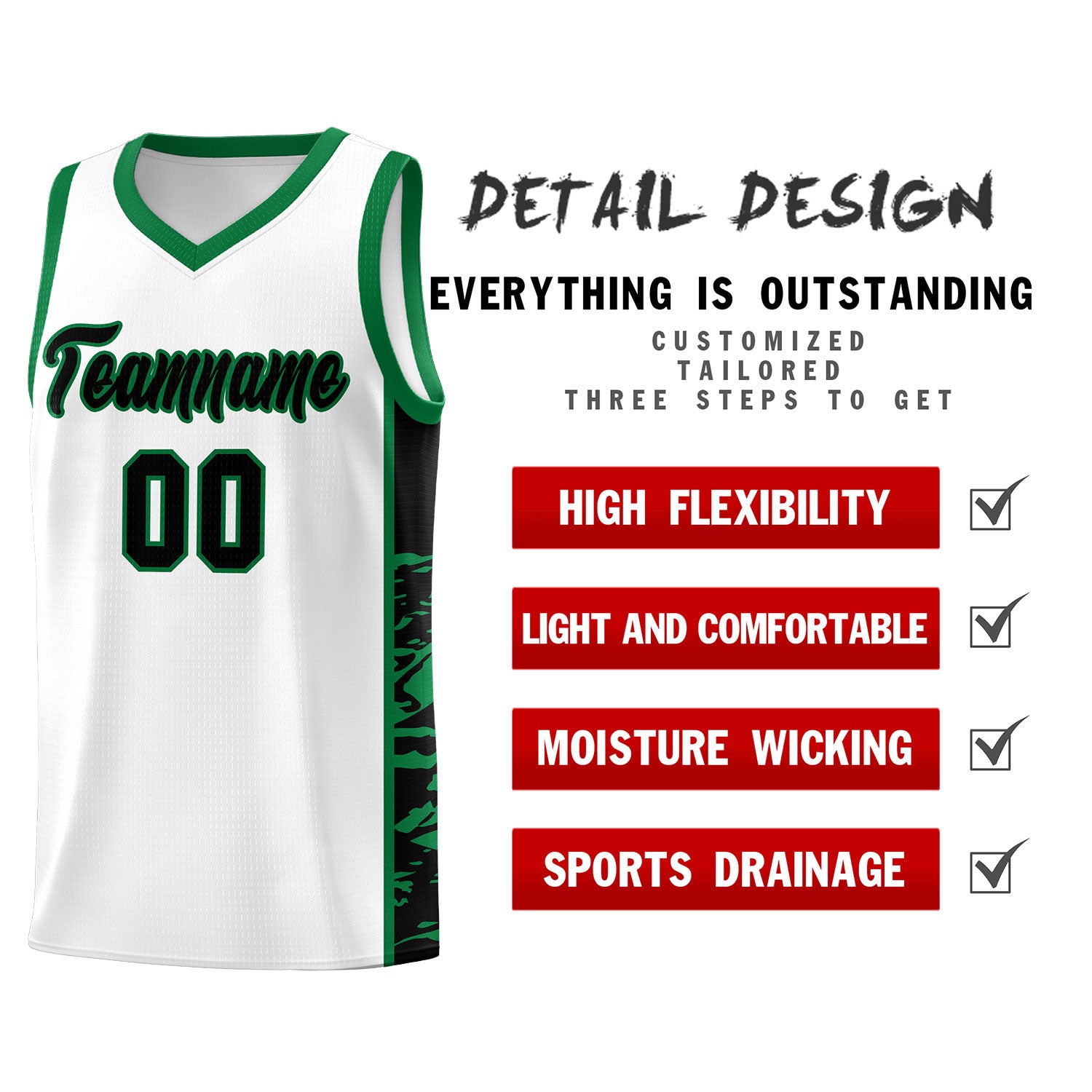 Custom White Kelly Green Side Gradient Pattern Basketball Kits