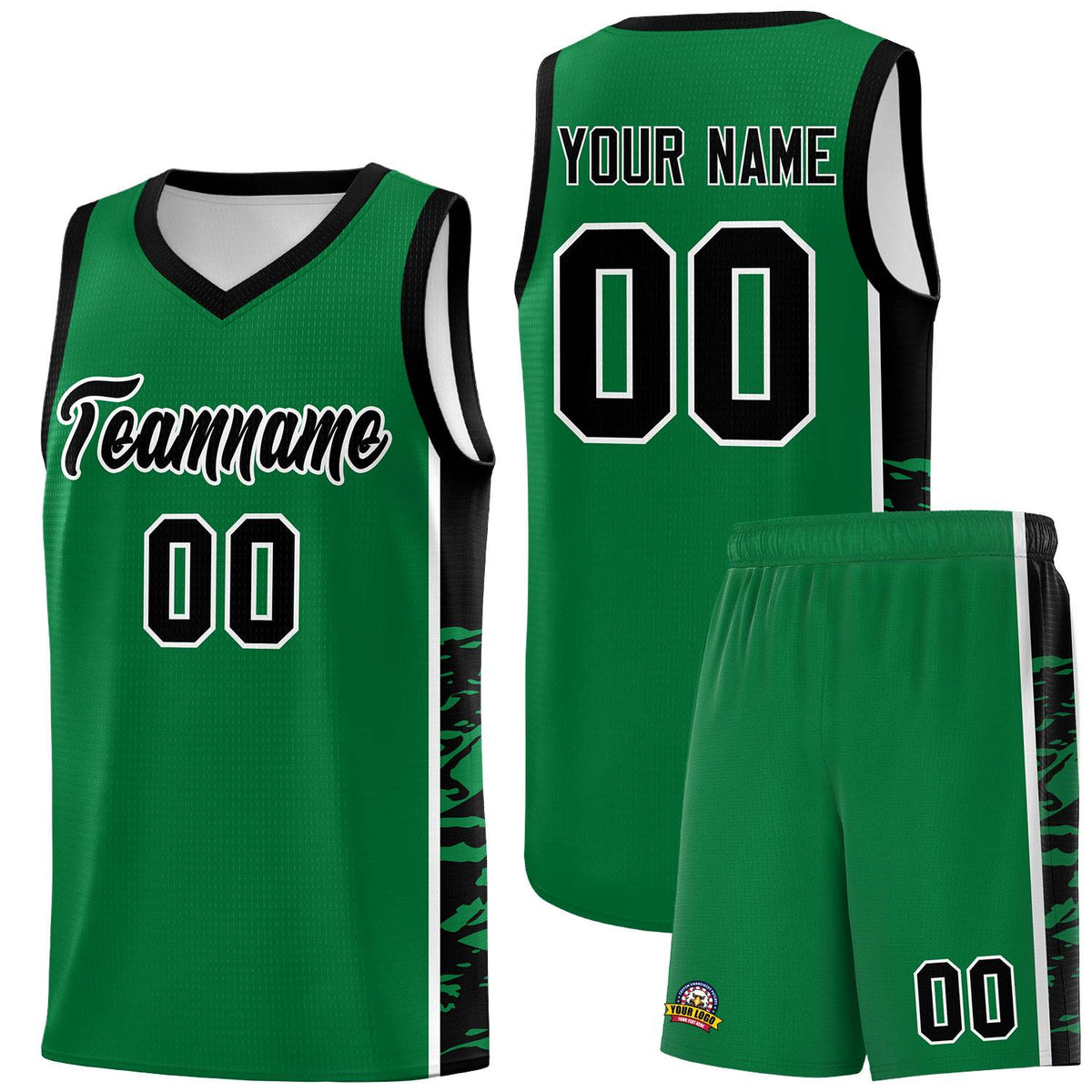Custom Kelly Green Black Side Gradient Pattern Basketball Kits