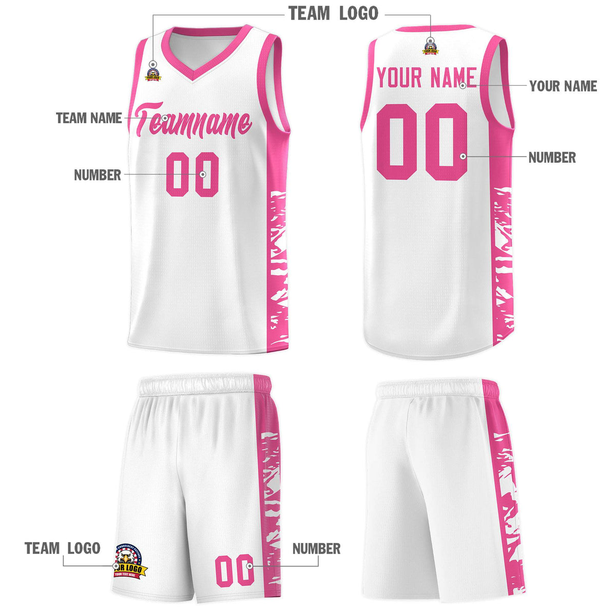 Custom White Pink Side Gradient Pattern Basketball Kits