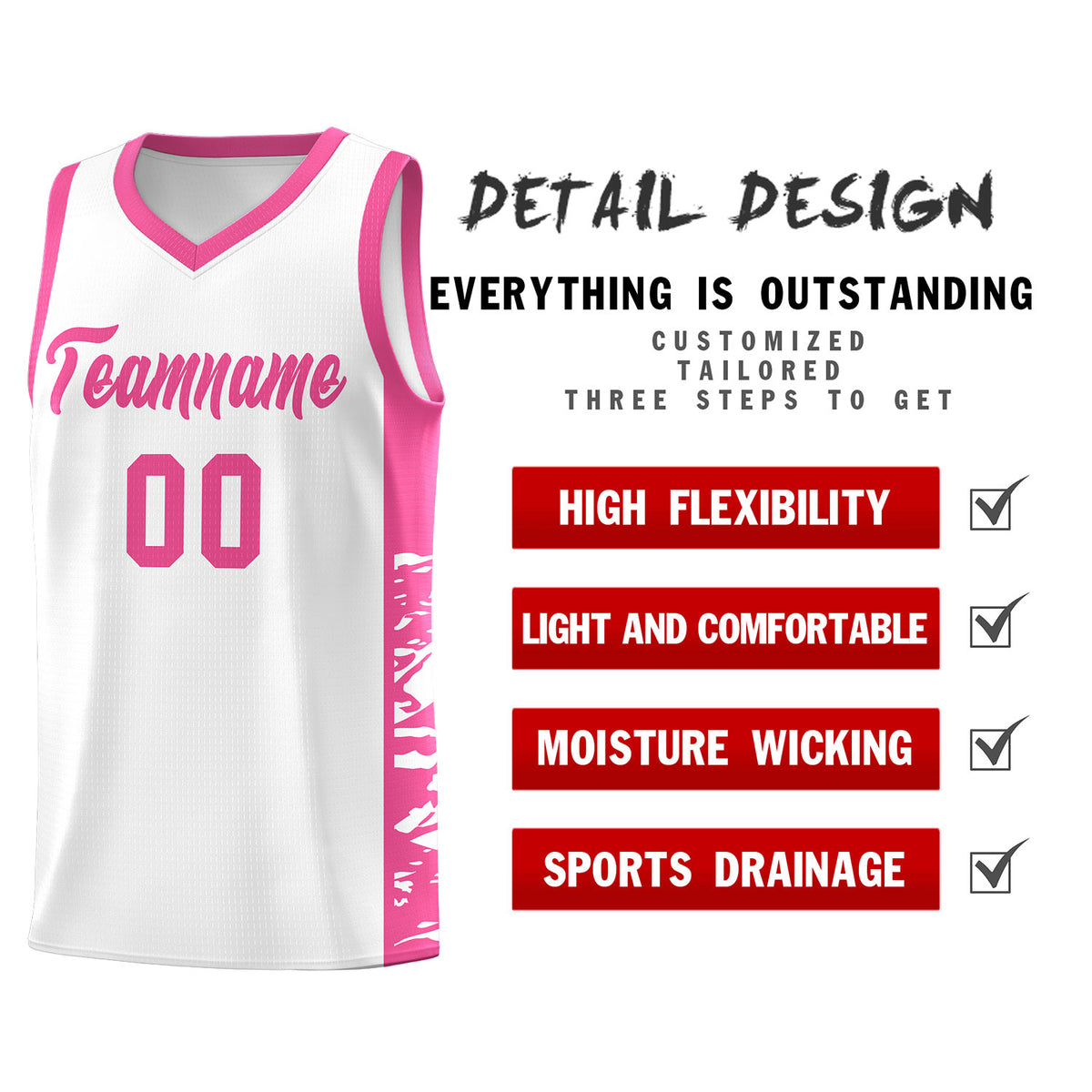 Custom White Pink Side Gradient Pattern Basketball Kits