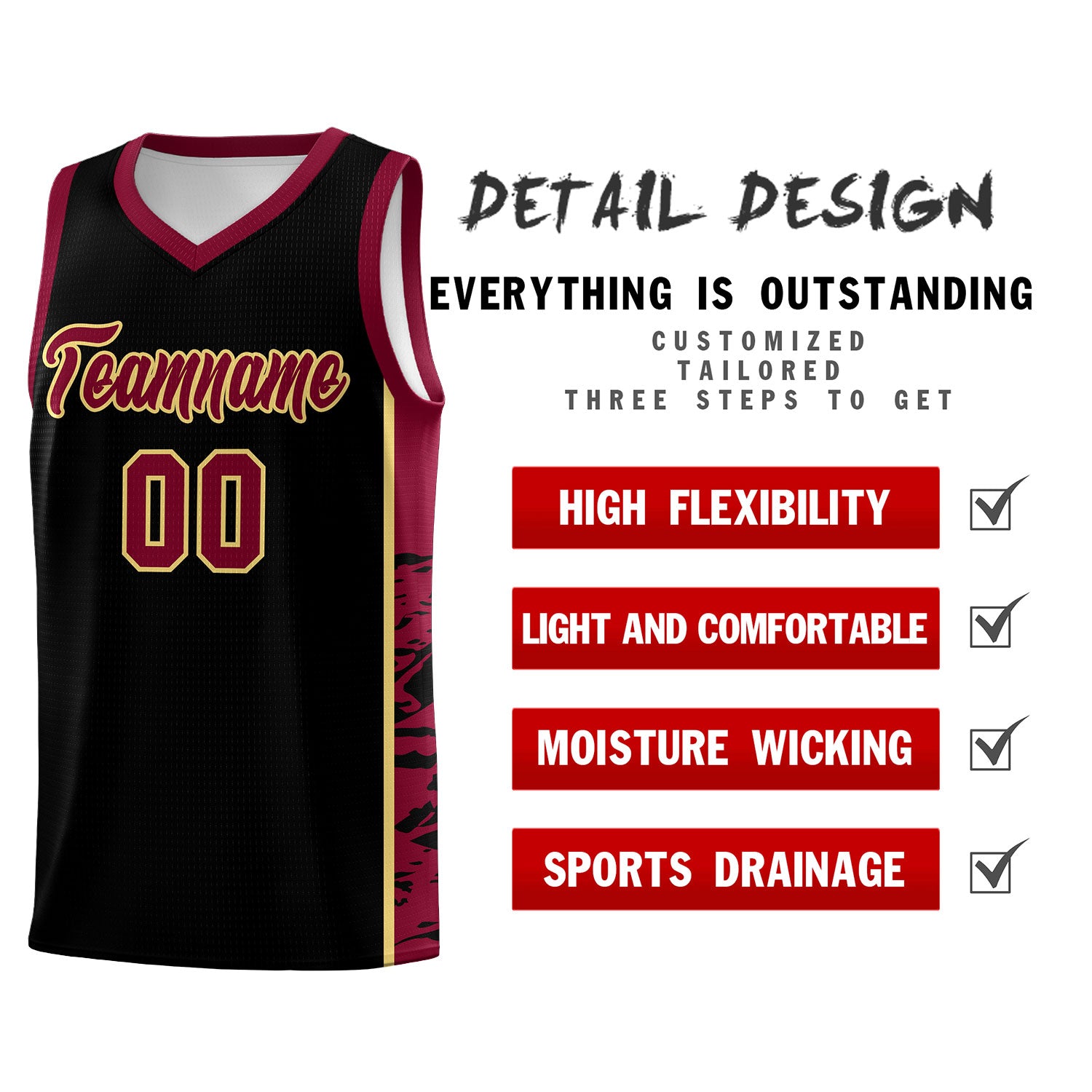 Custom Black Crimson Side Gradient Pattern Basketball Kits