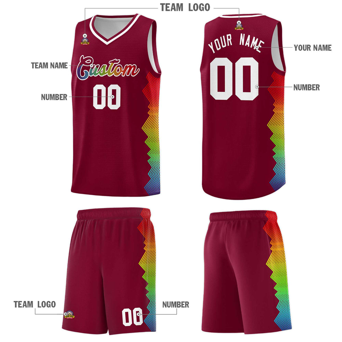 Custom Crimson Denver Nuggets Rainbow Side Sports Uniform Basketball Jersey