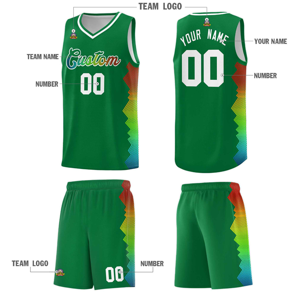Custom Kelly Green Denver Nuggets Rainbow Side Sports Uniform Basketball Jersey
