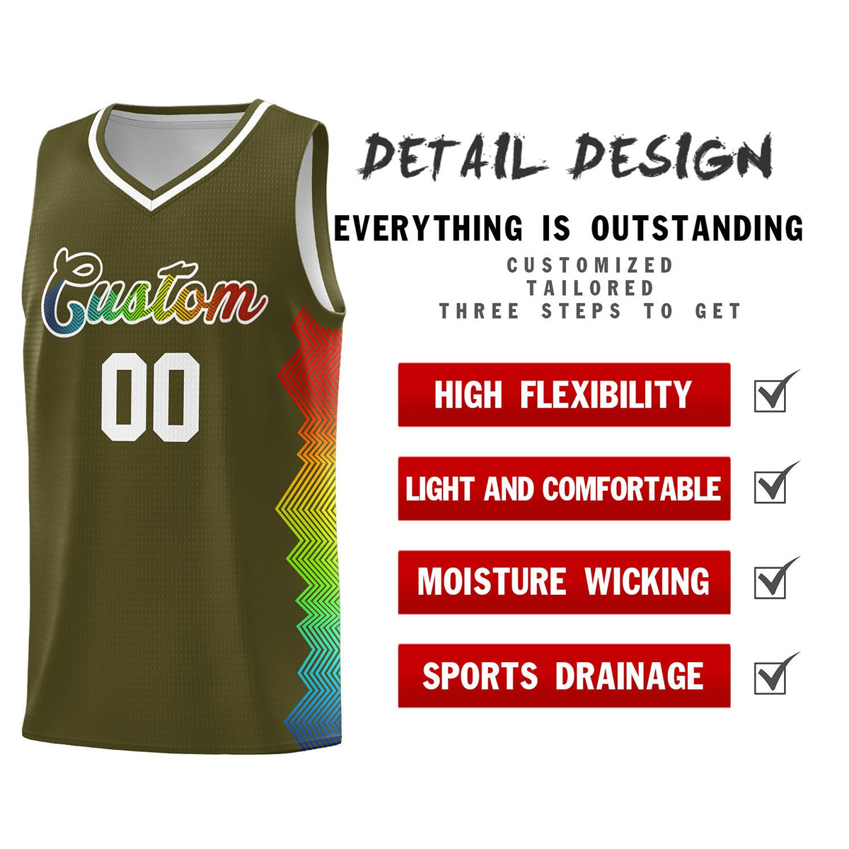 Custom Olive Denver Nuggets Rainbow Side Sports Uniform Basketball Jersey