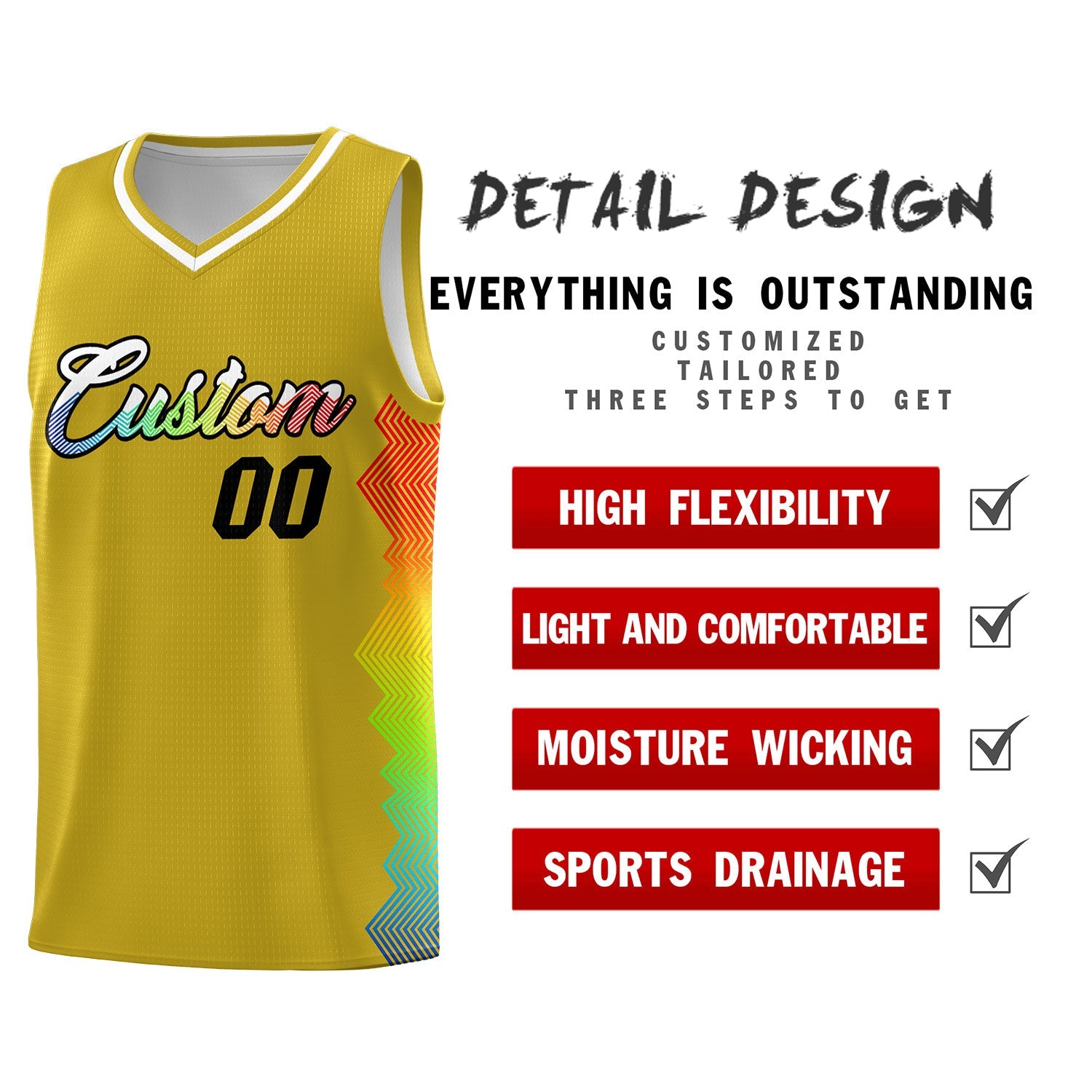 Custom Old Gold Denver Nuggets Rainbow Side Sports Uniform Basketball Jersey
