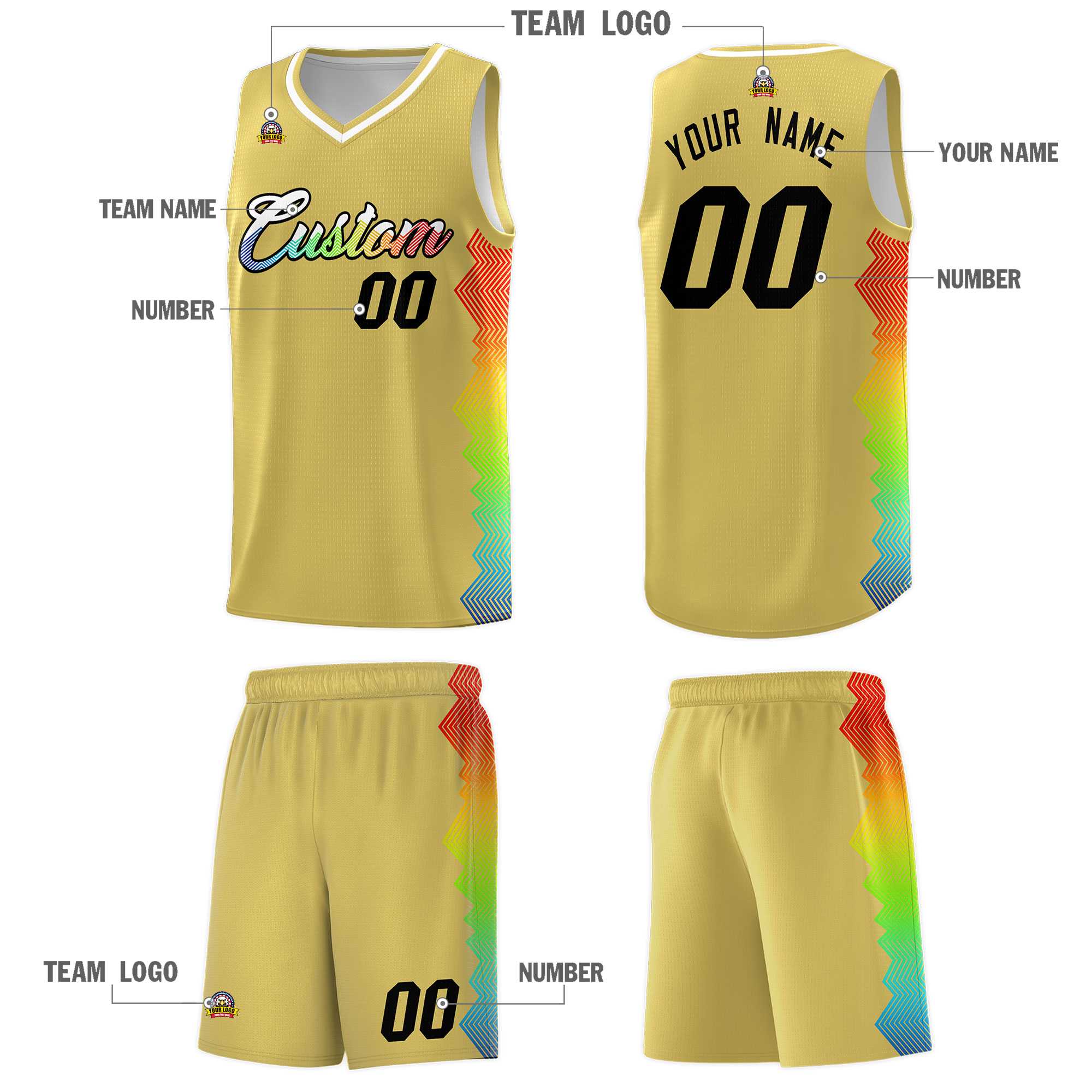 Custom Old Gold Denver Nuggets Rainbow Side Sports Uniform Basketball Jersey