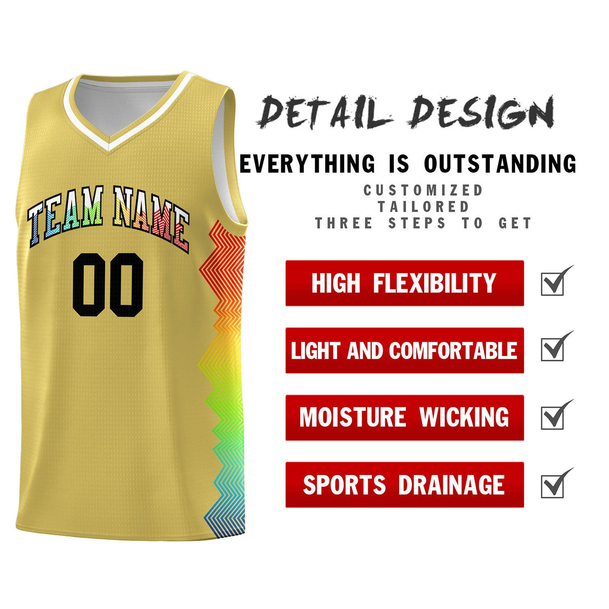 Custom Old Gold Denver Nuggets Rainbow Side Sports Uniform Basketball Jersey