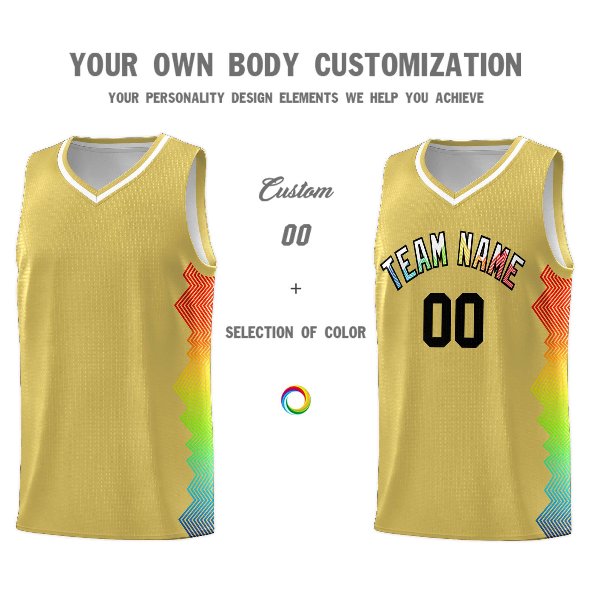 Custom Old Gold Denver Nuggets Rainbow Side Sports Uniform Basketball Jersey