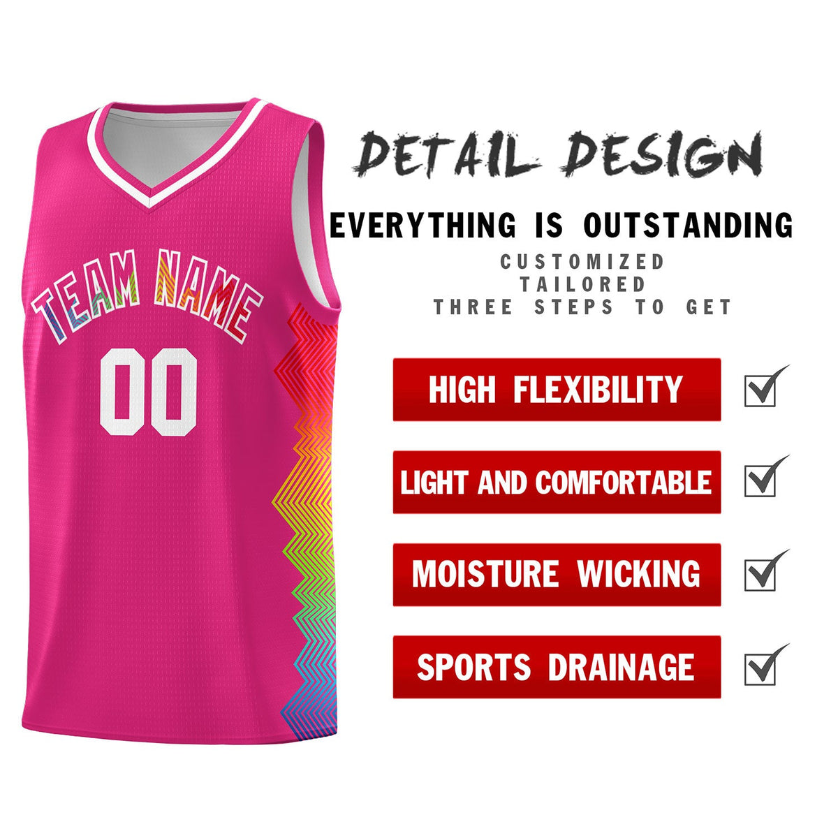 Custom Rose Red Denver Nuggets Rainbow Side Sports Uniform Basketball Jersey
