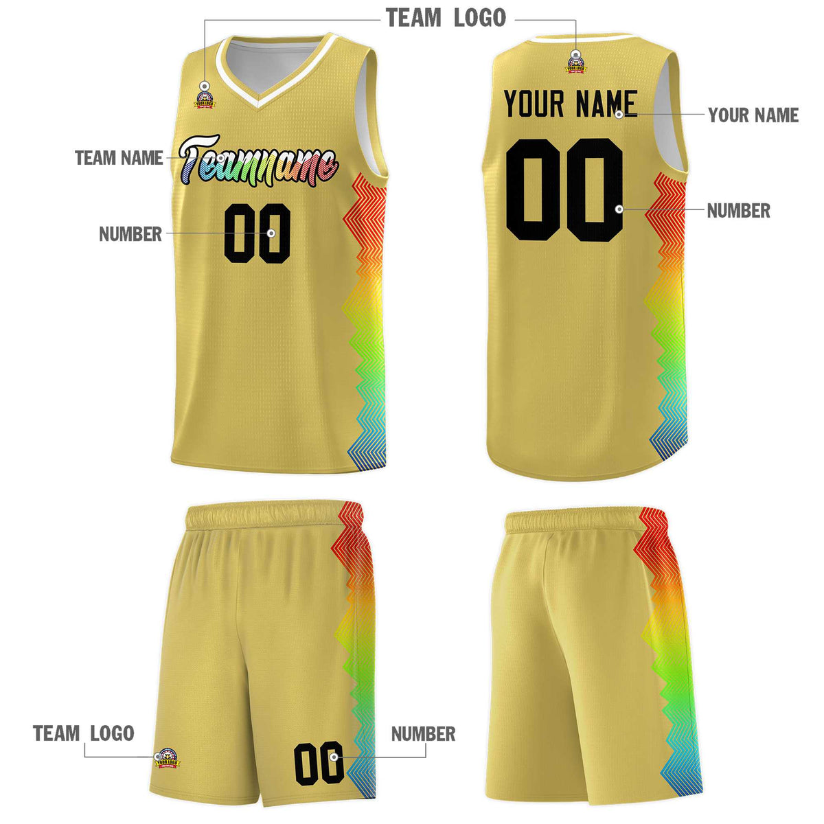 Custom Old Gold Denver Nuggets Rainbow Side Sports Uniform Basketball Jersey