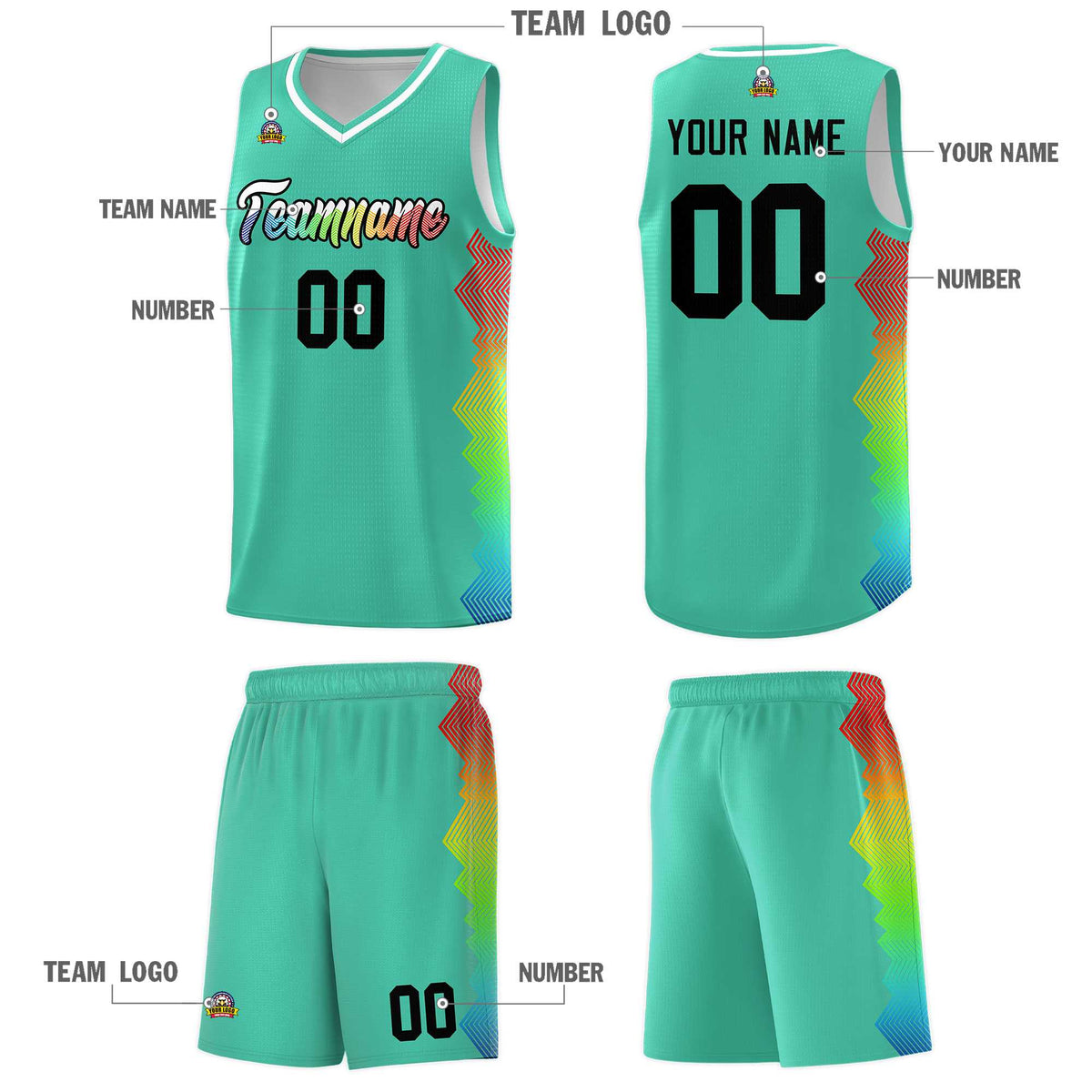Custom Bright Green Denver Nuggets Rainbow Side Sports Uniform Basketball Jersey