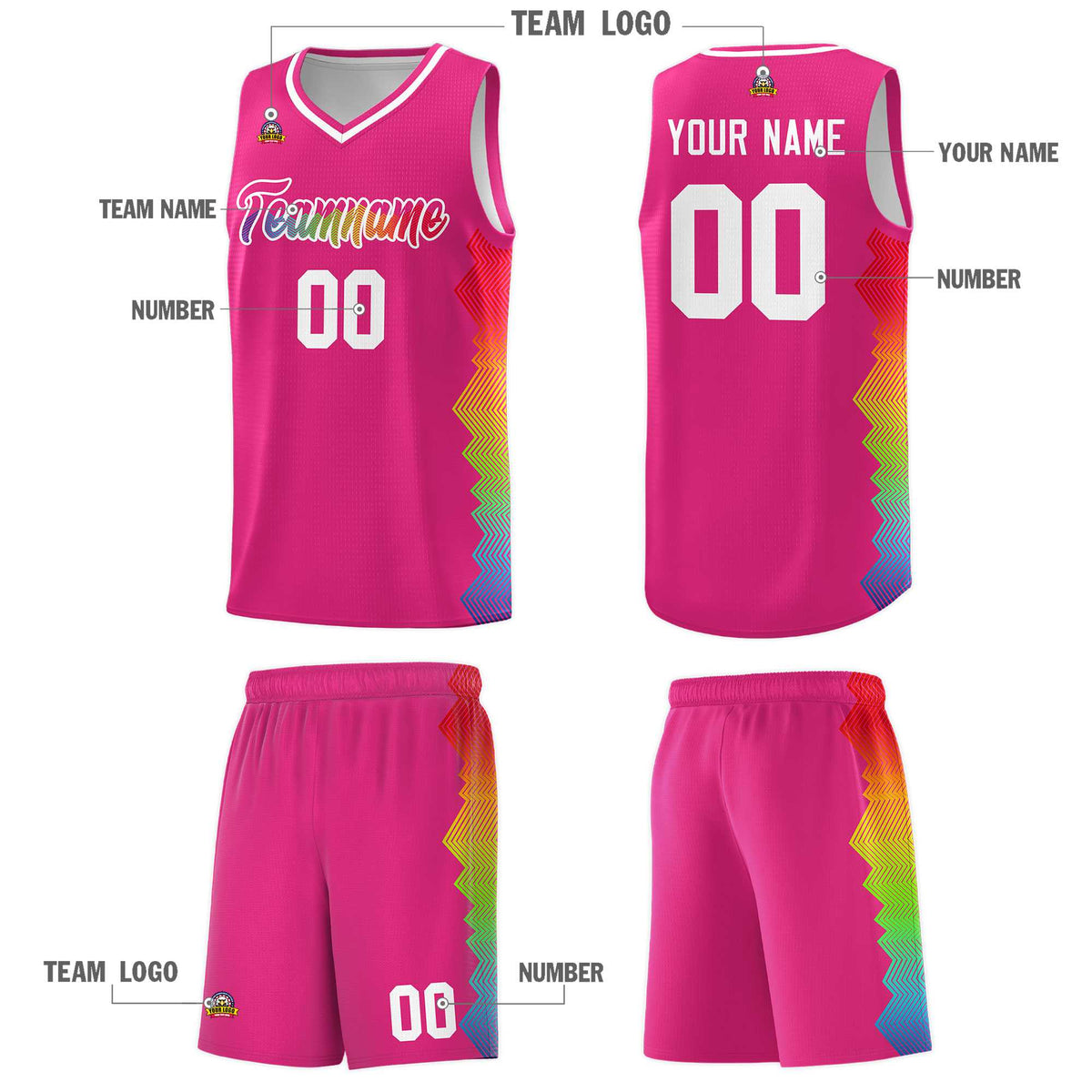 Custom Rose Red Denver Nuggets Rainbow Side Sports Uniform Basketball Jersey