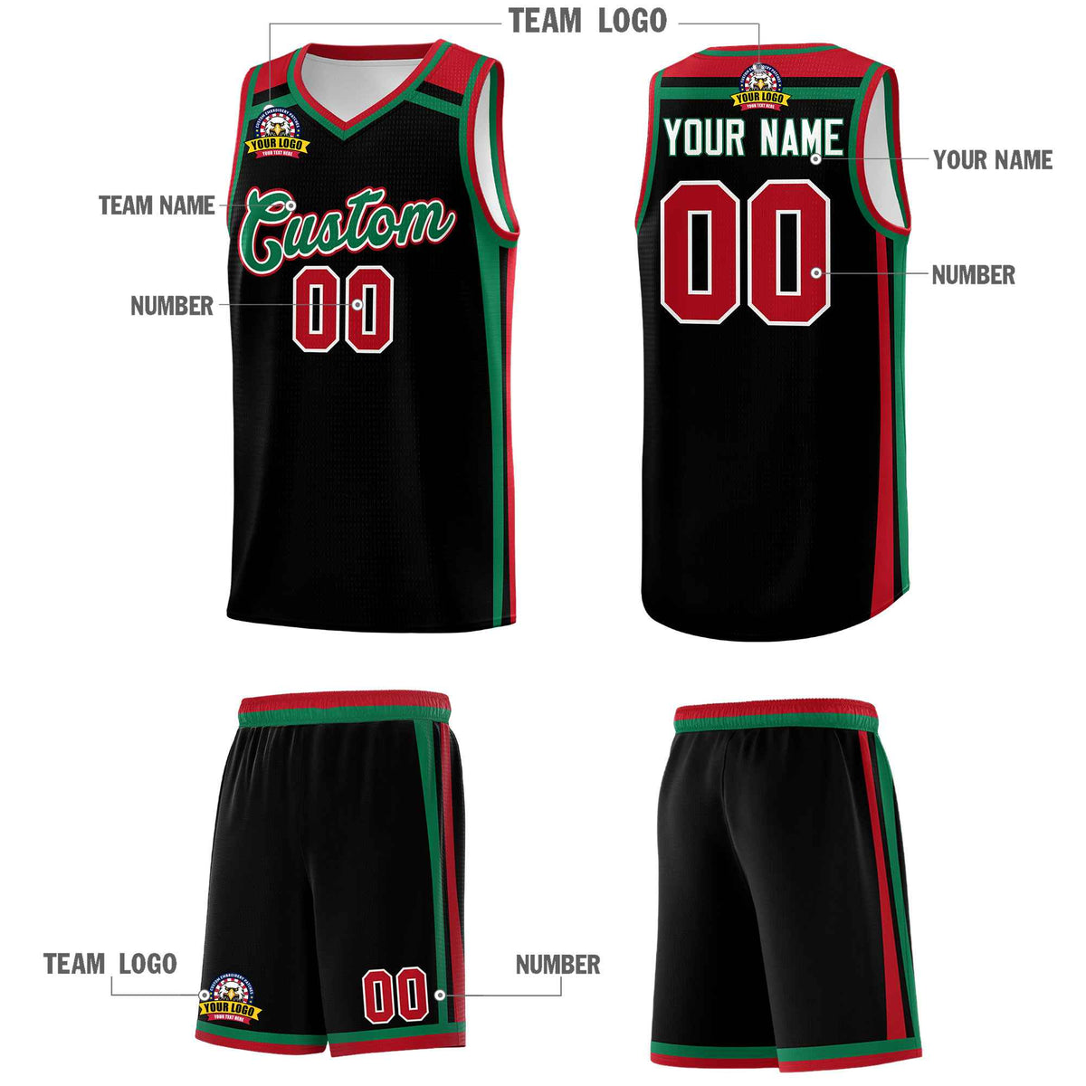 Custom Black Kelly Green Red Trendy Color Charge Series Sports Uniform Basketball Jersey