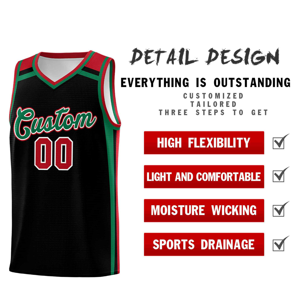 Custom Black Kelly Green Red Trendy Color Charge Series Sports Uniform Basketball Jersey| KXKSHOP