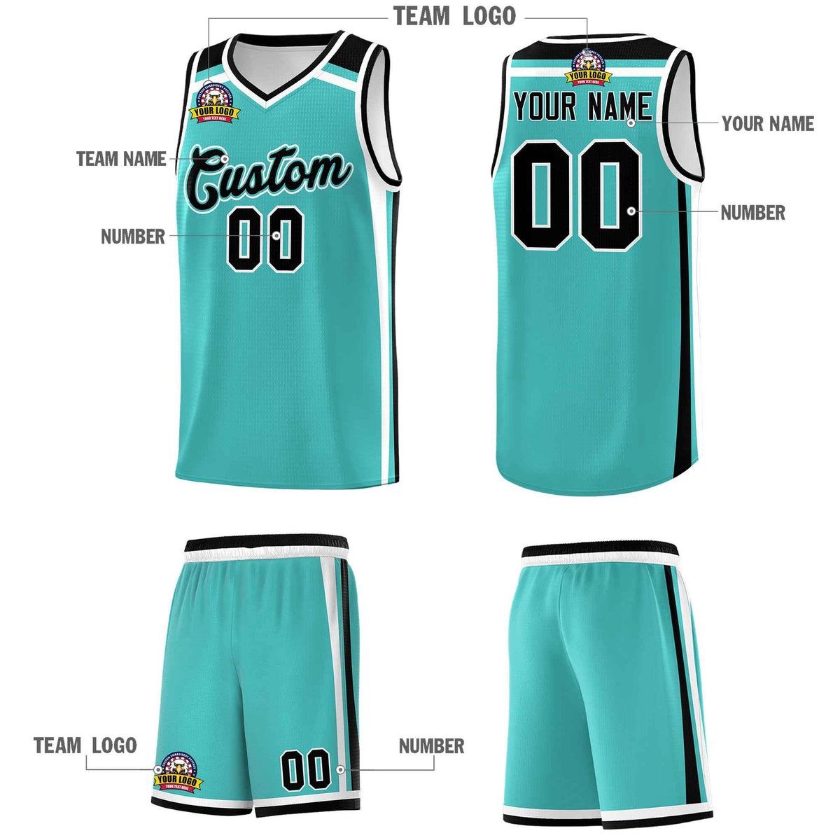 Custom Teal White Black Trendy Color Charge Series Sports Uniform Basketball Jersey