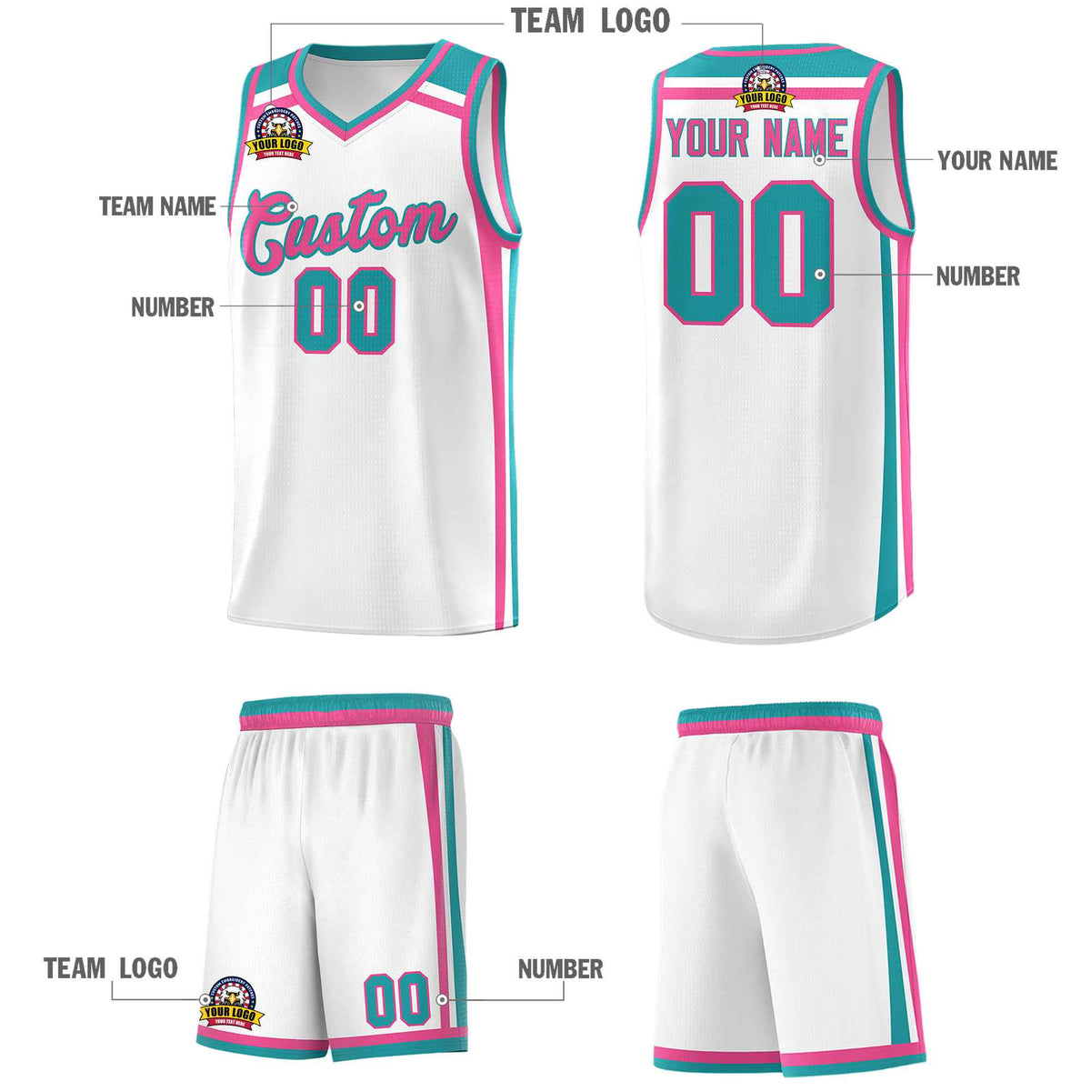 Custom White Pink Aqua Trendy Color Charge Series Sports Uniform Basketball Jersey