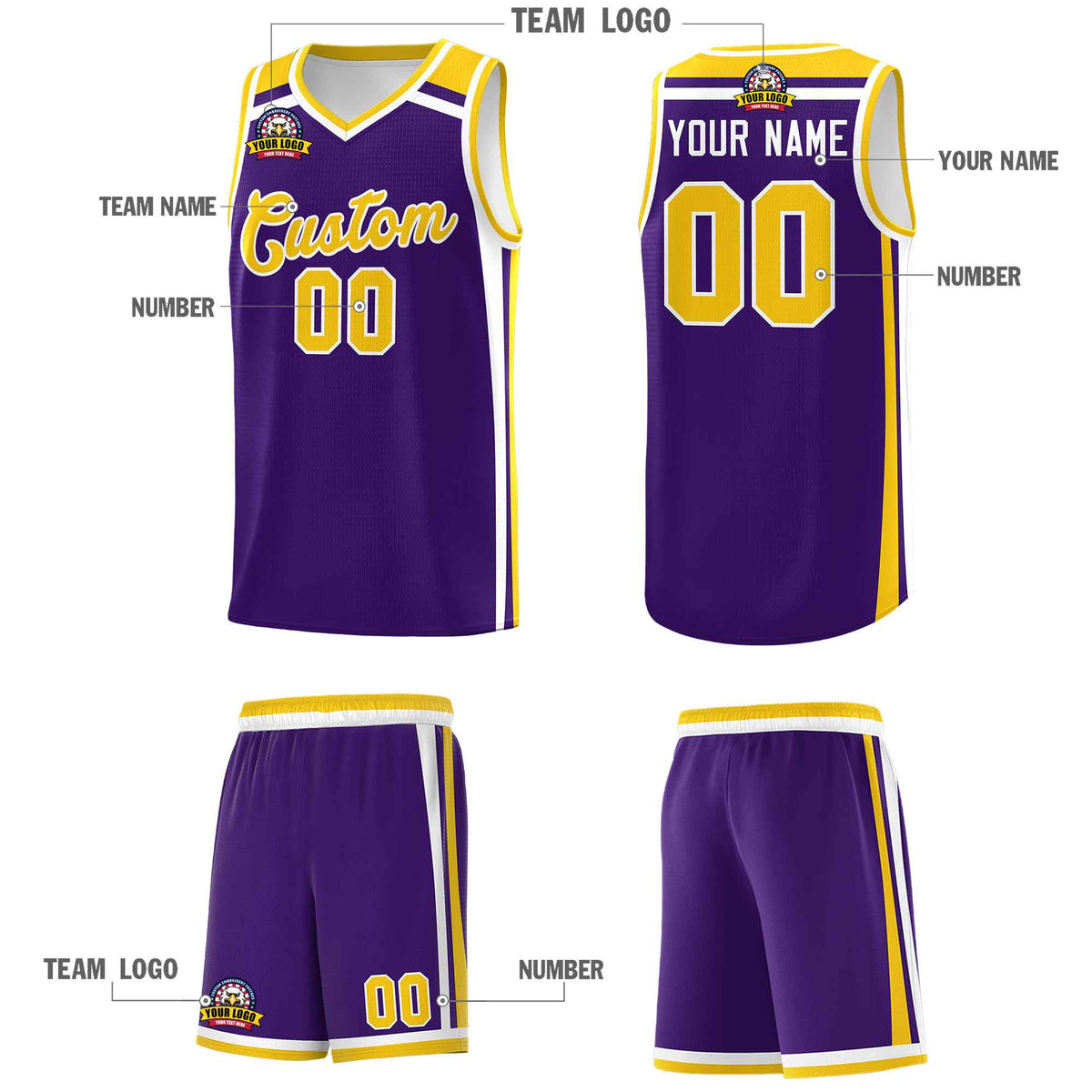 Custom Purple Gold White Trendy Color Charge Series Sports Uniform Basketball Jersey