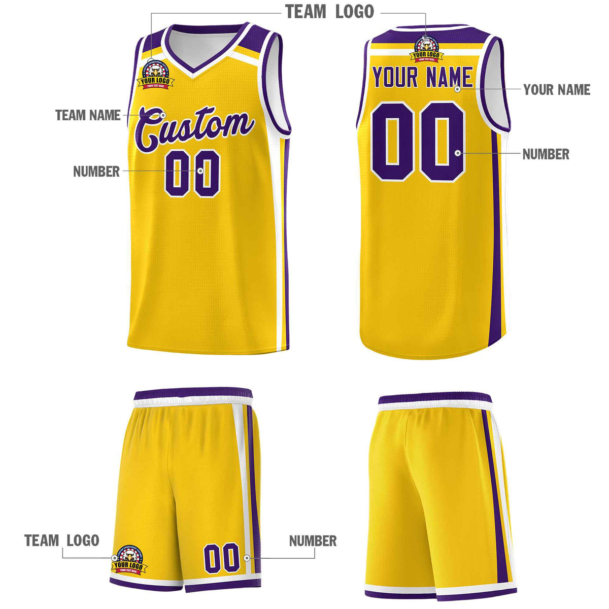 Custom Gold Purple White Trendy Color Charge Series Sports Uniform Basketball Jersey