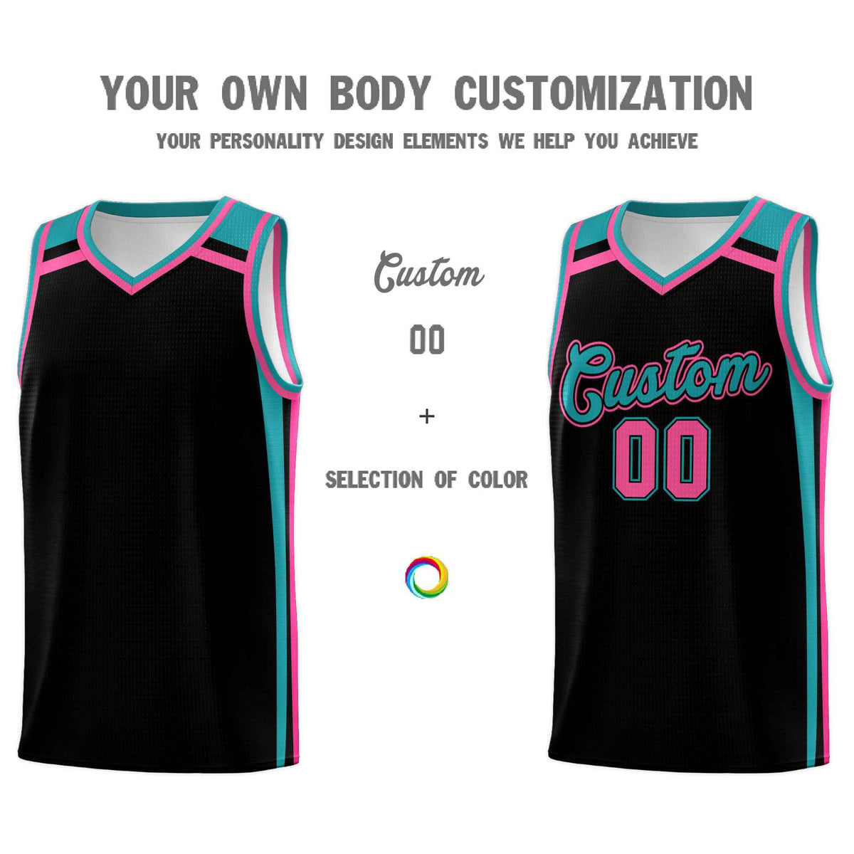 Custom Black Aqua Pink Trendy Color Charge Series Sports Uniform Basketball Jersey