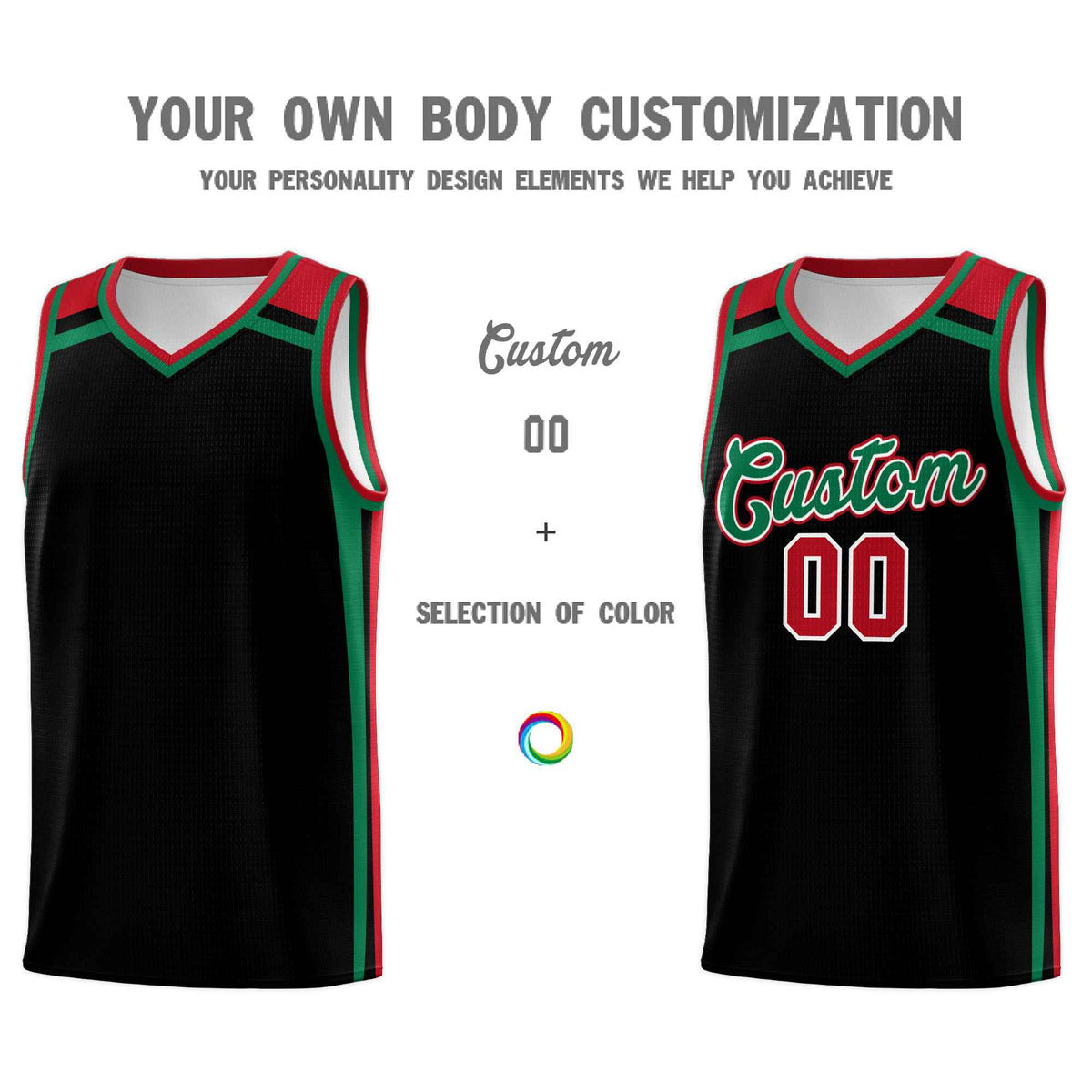 Custom Black Kelly Green Red Trendy Color Charge Series Sports Uniform Basketball Jersey