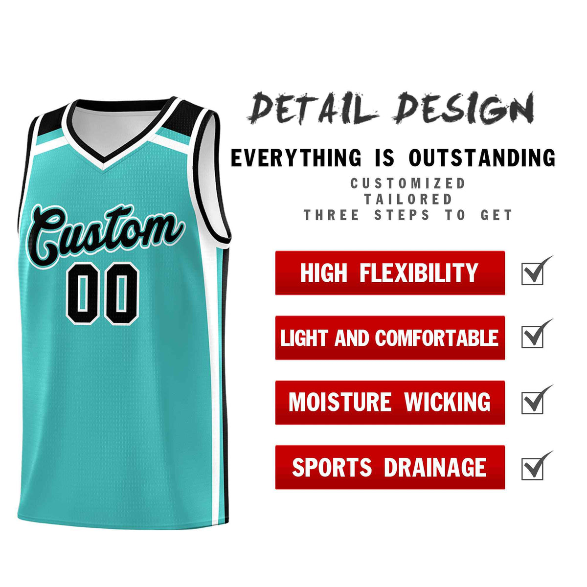 Custom Teal White Black Trendy Color Charge Series Sports Uniform Basketball Jersey