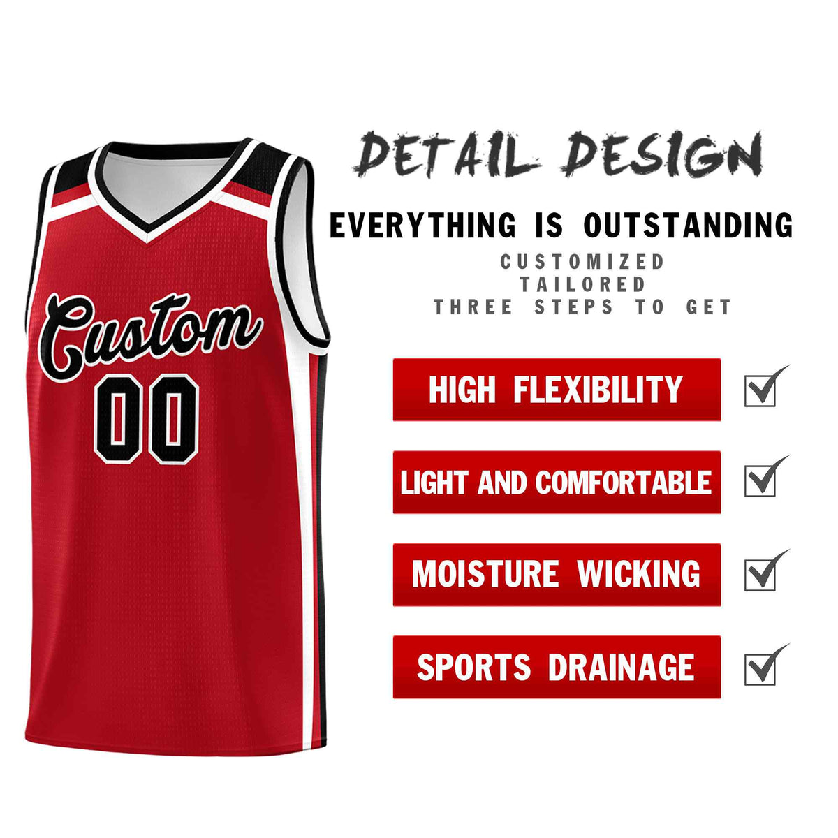 Custom Red White Black Trendy Color Charge Series Sports Uniform Basketball Jersey