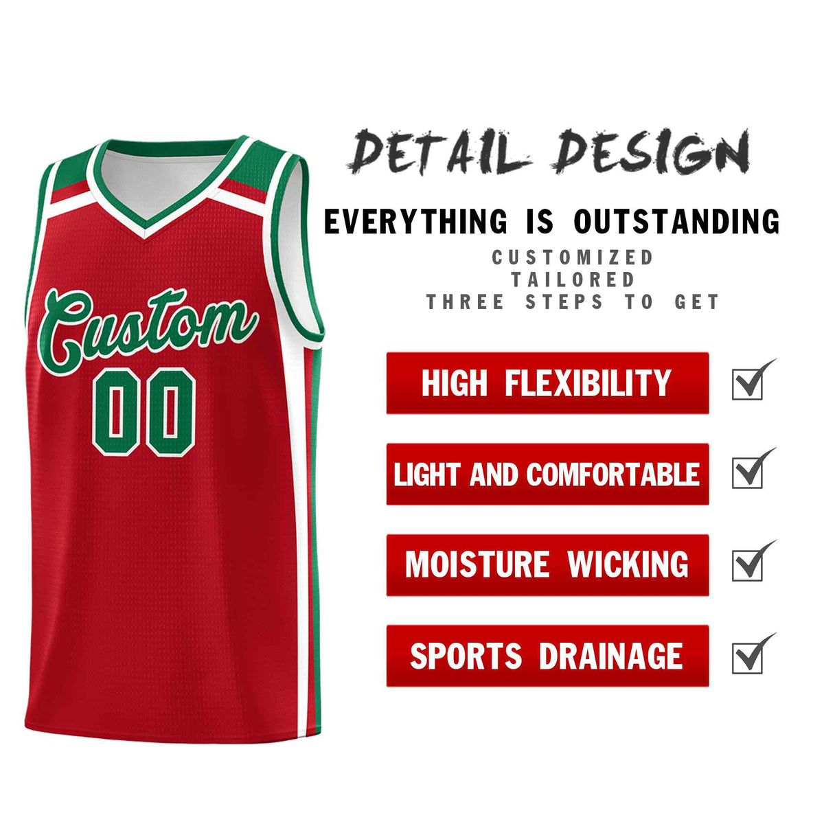 Custom Red White Kelly Green Trendy Color Charge Series Sports Uniform Basketball Jersey