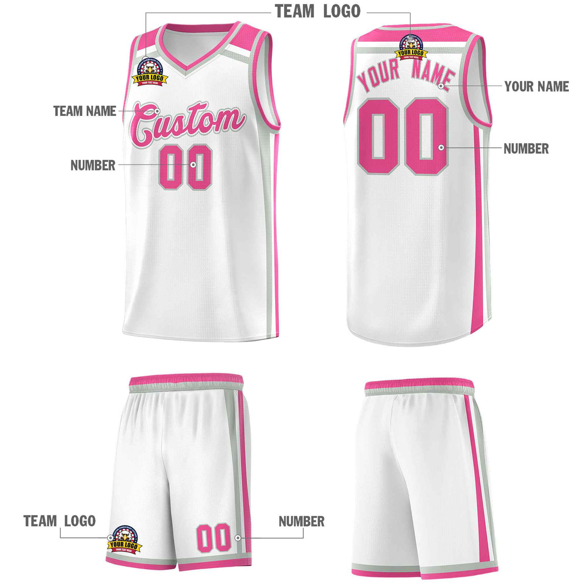 Custom White Gray Pink Trendy Color Charge Series Sports Uniform Basketball Jersey