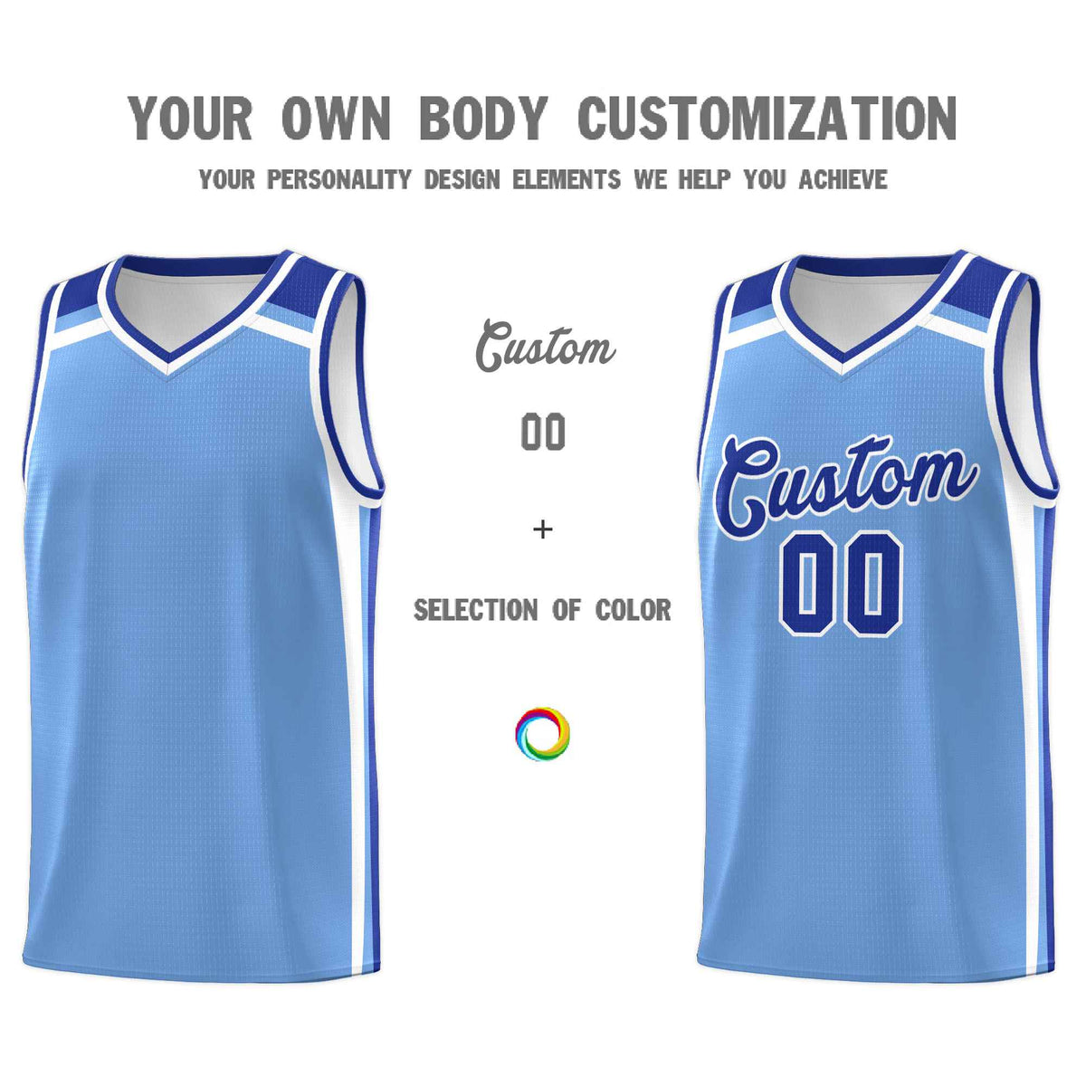 Custom Light Blue Royal Blue White Trendy Color Charge Series Sports Uniform Basketball Jersey