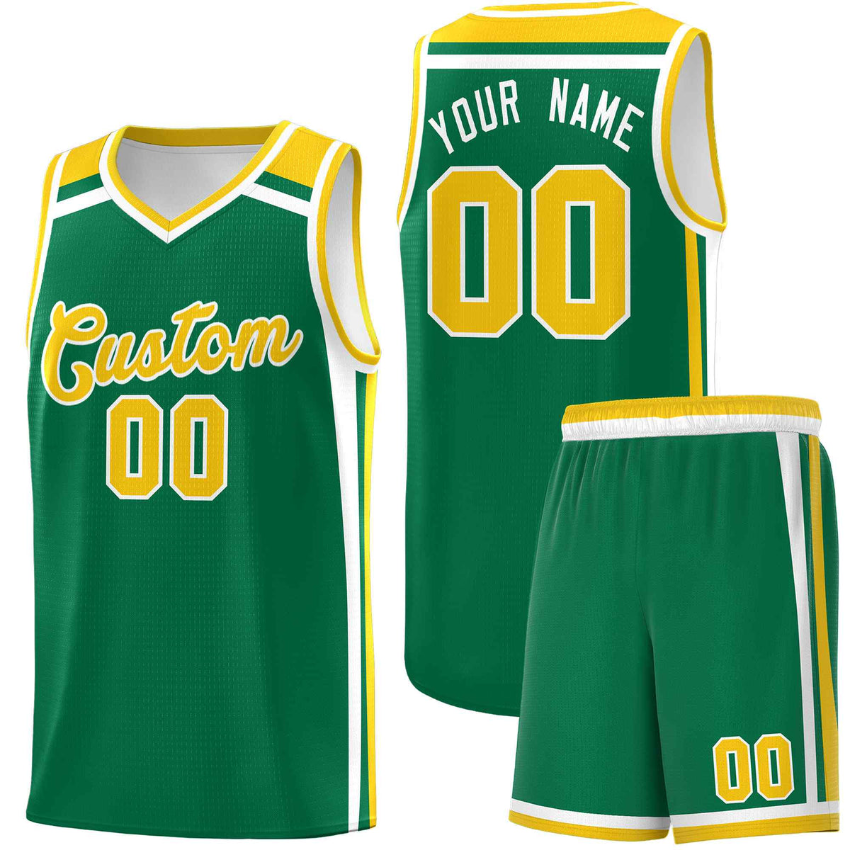 Custom Kelly Green Gold White Trendy Color Charge Series Sports Uniform Basketball Jersey