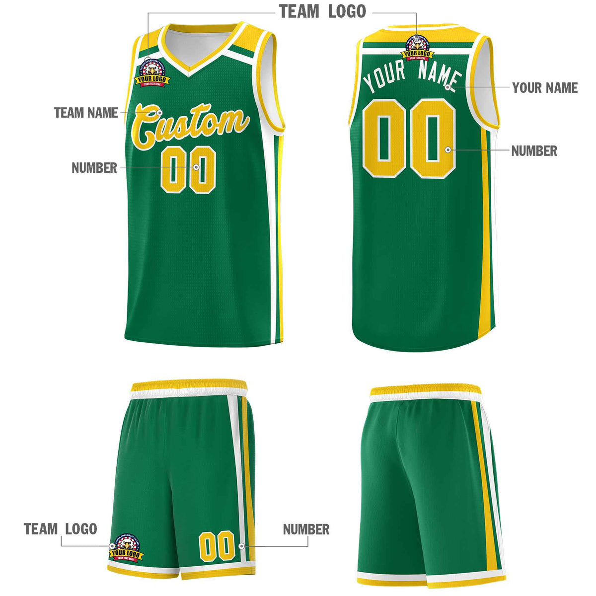 Custom Kelly Green Gold White Trendy Color Charge Series Sports Uniform Basketball Jersey