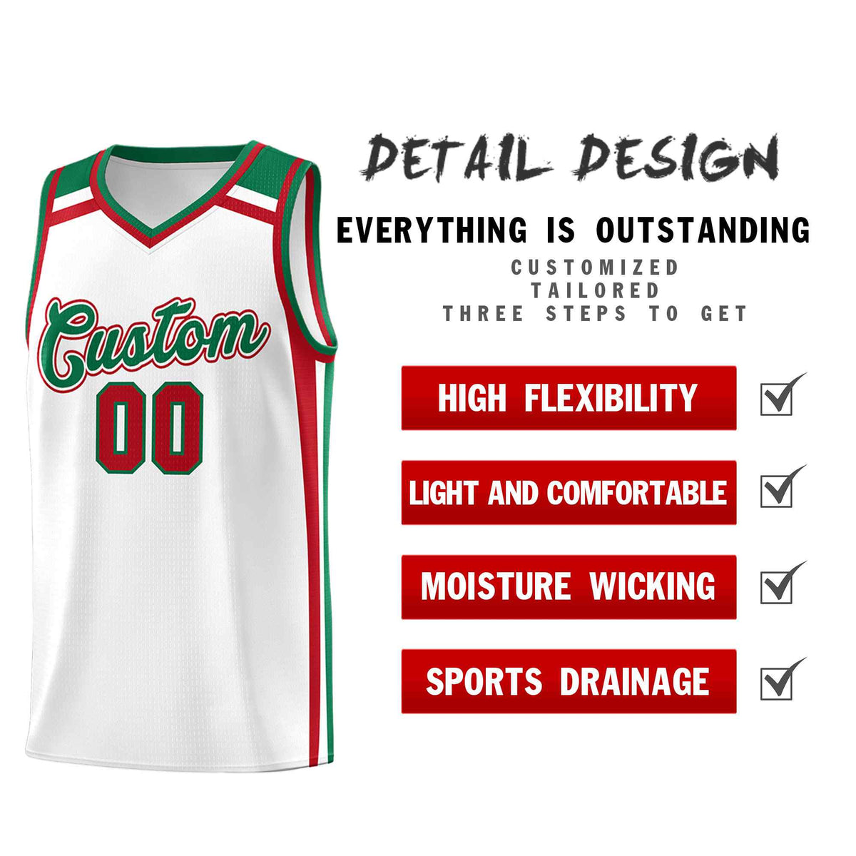 Custom White Kelly Green Red Trendy Color Charge Series Sports Uniform Basketball Jersey