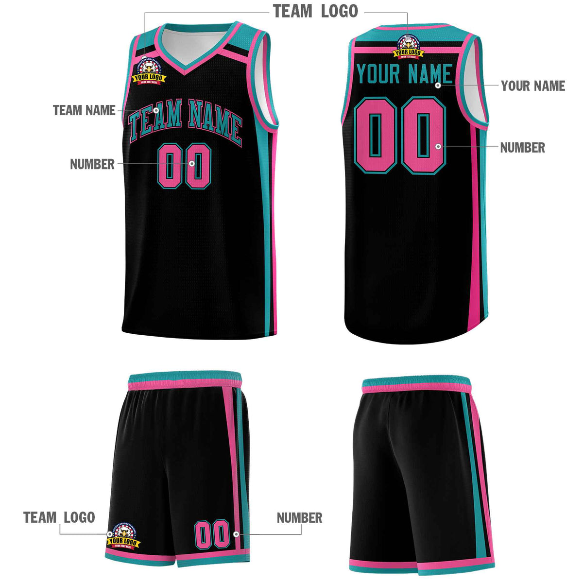 Custom Black Aqua Pink Trendy Color Charge Series Sports Uniform Basketball Jersey
