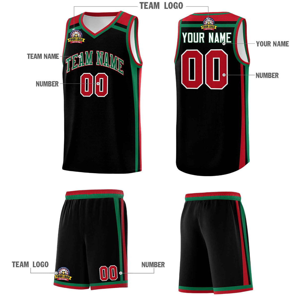 Custom Black Kelly Green Red Trendy Color Charge Series Sports Uniform Basketball Jersey