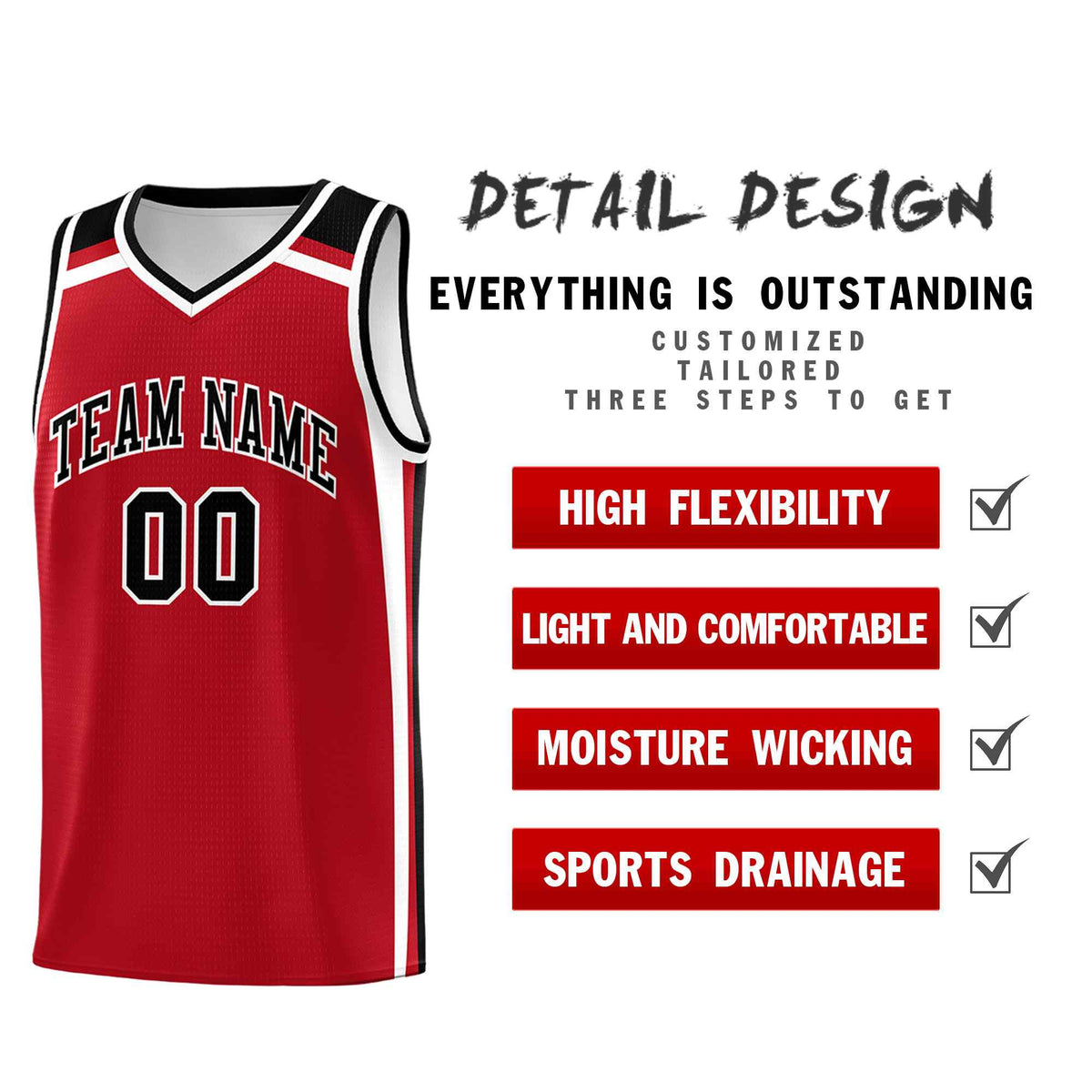 Custom Red White Black Trendy Color Charge Series Sports Uniform Basketball Jersey