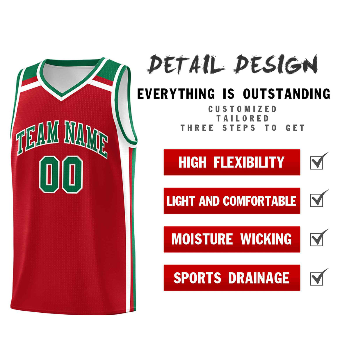 Custom Red White Kelly Green Trendy Color Charge Series Sports Uniform Basketball Jersey