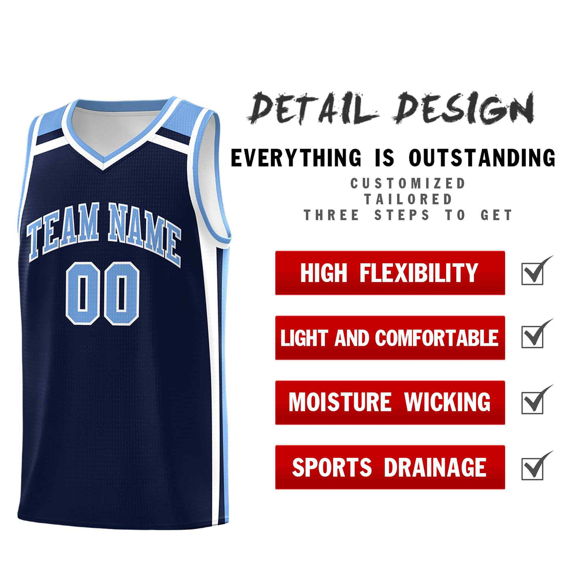 Custom Navy Light Blue White Trendy Color Charge Series Sports Uniform Basketball Jersey