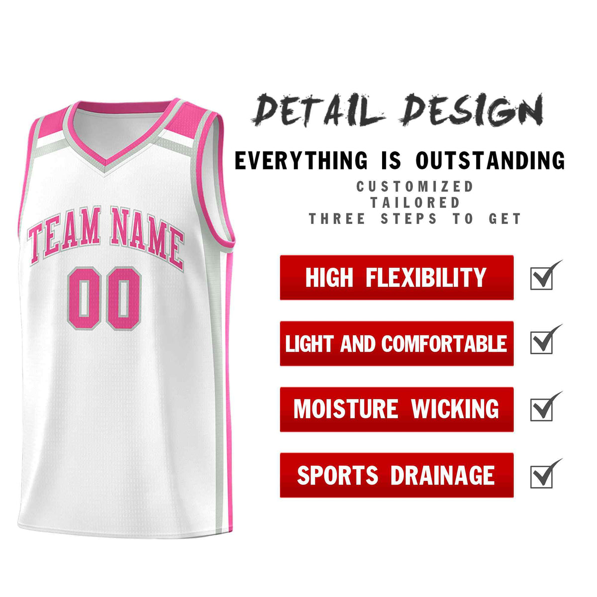 Custom White Gray Pink Trendy Color Charge Series Sports Uniform Basketball Jersey
